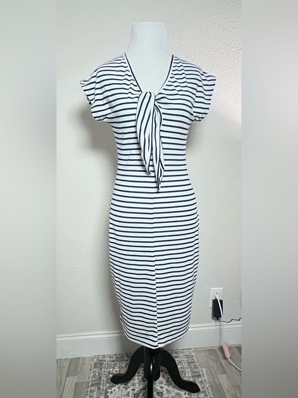 Julia Striped Knot-Front Midi Dress in Black & White
